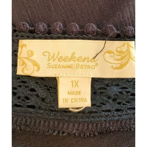 Weekend Suzanne Betro Women's Blue Plus Size Blouse 1X V Neck Lace Accent - Picture 3 of 4